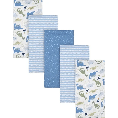 Gerber Boys Newborn Infant Baby Toddler Nursery 100% Cotton Flannel Receiving Swaddle Blanket, Dinosaur Blue, Pack of 5