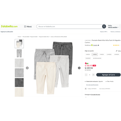 CARTERS
|
Pantalón Bebé Niño Niña Pack X4 Algodón
