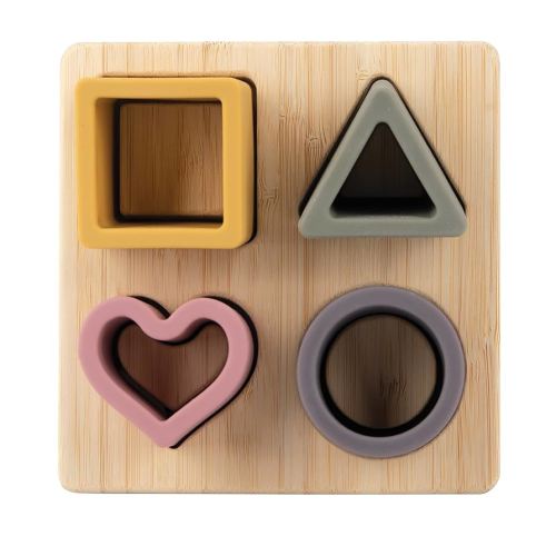 Nuby Soft Shape Silicone Puzzle Toy with Bamboo Wooden Base, Promotes Hand-Eye Coordination, 5 Piece