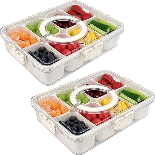 Snackle Box Container, 2 Packs 8 Compartments Divided Serving Tray with Lid and Handle, Portable Snack Box Containers for Veggie Tray Charcuterie Boxes Fruit Storage Candy Organizer