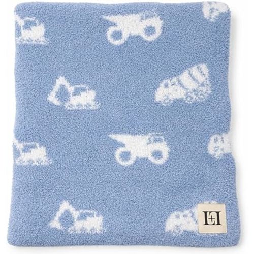 L+L USA Construction Trucks Baby Blanket 28"x40" - DreamSoft Knit Throw for Crib, Stroller, Car Seat - Soft Newborn Nursery Gift Essential Toddler, Infant, Kids, Boys & Girls (Steel Blue/White)