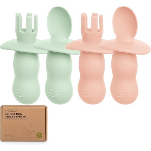 KeaBabies 4-Pack Silicone Baby Spoons and Forks Set - Baby Spoon Self Feeding, BLW Baby Utensils 6-12 Months, Baby Led Weaning Feeding Spoon,Teething Infant Baby First Food Training Pre Spoon (Mellow)
