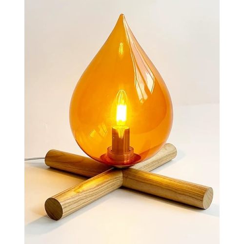 Campfire Table Lamp, Funky Lamps Cute Orange Glass Shade with Wooden Base, Unique Novelty Retro Cozy Night Light for Bedroom, Living Room, Or Cabin Decor – Warm Ambient Vintage Lighting