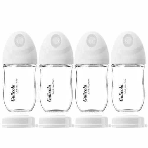 Gulicola Natural Glass Baby Bottle 4 Pack, Newborn Breastfeeding Bottles Set, Extra Slow Flow Nipples (SS), Anti Colic, 0 Months+, 5 oz