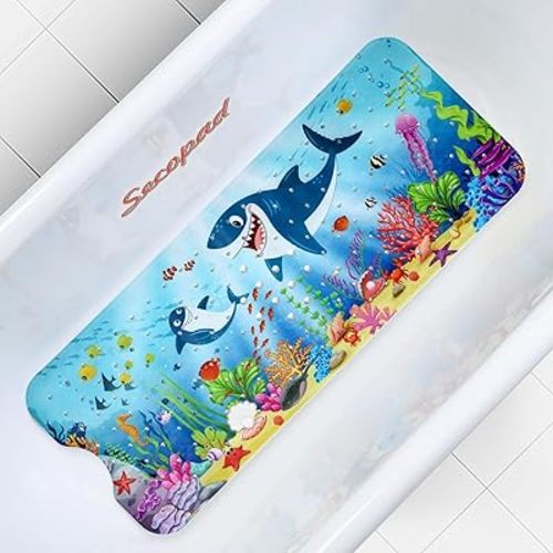 Secopad Bath Mat for Tub Non Slip, Machine Washable Anti-Slip Cartoon Baby Bathtub Shower Mat with Drain Holes and Suction Cups for Toddler & Kids, 40in x 16in, Sharks