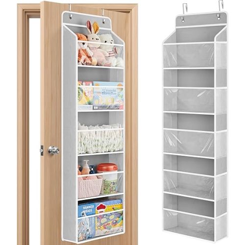 JARLINK Toy Stuffed Animal Storage, Over The Door Organizer W/Clear View Windows, 44lb Load, Baby Toy Storage Organizer for Nursery, Kid Bedroom, Newborn Baby Essentials (Light Grey)