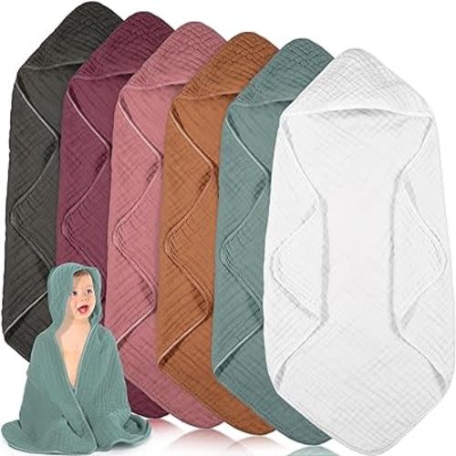 Peryiter 6 Pcs Muslin Hooded Baby Towels,32"x 32" Cotton Newborn Bath Towel Muslin Infant Baby Towels Absorbent Unisex Hooded Blankets,Newborn Registry Baby Gift for Girls Boys (Red)