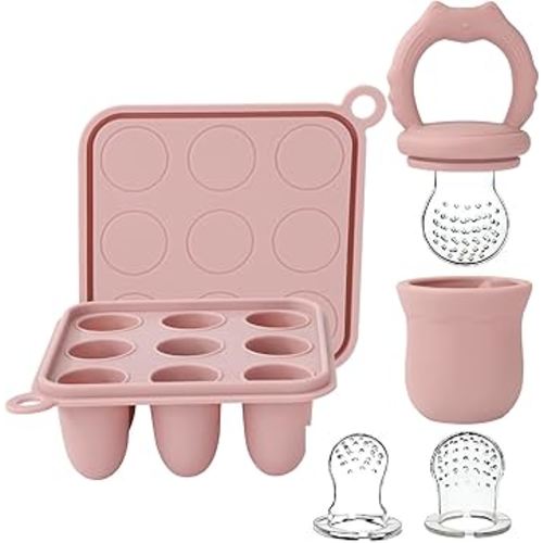 Socub Silicone Baby Fruit Food Feeder & Baby Food Freezer Tray Set, Milk Popsicle Molds for Baby Teething Relief, Baby Food Pacifier Feeder for Infants Self Feeding, Include 3 Sizes Food Pouch