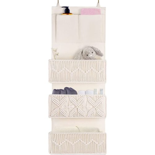 FEILANDUO Over The Door Organizer Boho Macrame Closet Organizers and Storage with 3 Large Woven Pockets Behind Door Organizer for Nursery, Pantry, Bathroom, Bedroom, Dorm (Ivory)