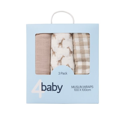 4Baby Muslin Wrap Gingham 3Pk Natural