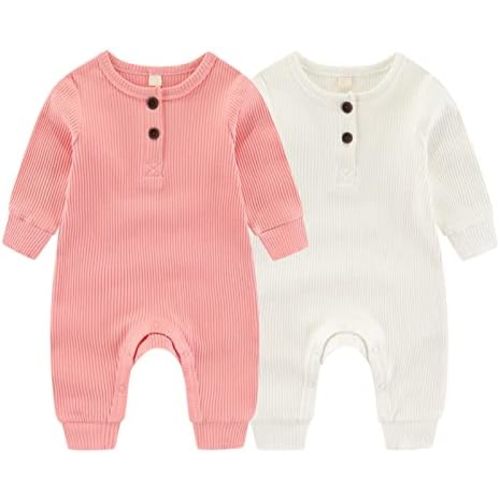 ZAV Solid Unisex Baby Boy Girl Rompers 2 Pack Long Sleeve Jumpsuits Infants Clothes Outfits