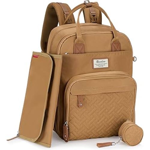 RUVALINO Diaper Bag Backpack - All-in-One Travel Backpack for Girl, Baby Bag for Moms, Multifunction Waterproof Backpack with Changing Pad, Stroller Strap, Pacifier Case - Baby Shower Gifts - Brown