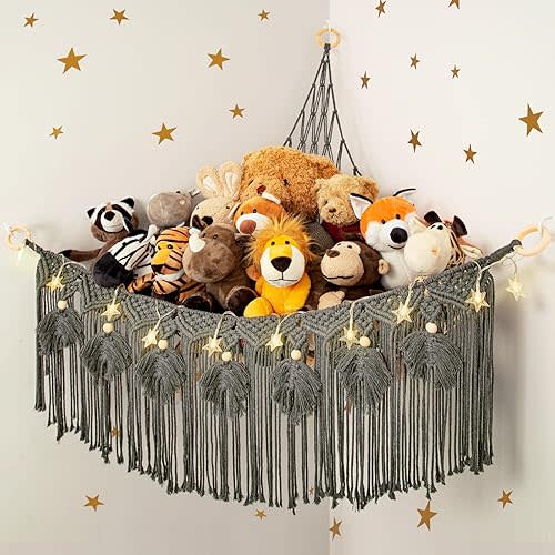 ANROYE Macrame Stuffed Animal Hammock with Star Light, Bear Storage Net for Girls Room Decor, Corner Hanging Mesh Organizer Idea for Nursery, Plushies Toy Wall Hanging Display Holder Kid Boy Gift