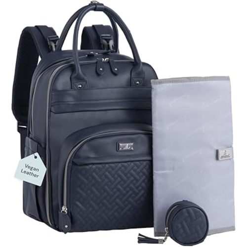 BabbleRoo Leather Diaper Bag Backpack - Baby Essentials Travel Baby Bag, Multi function, with Changing Pad, Stroller Straps & Pacifier Case – Unisex, Midnight Blue