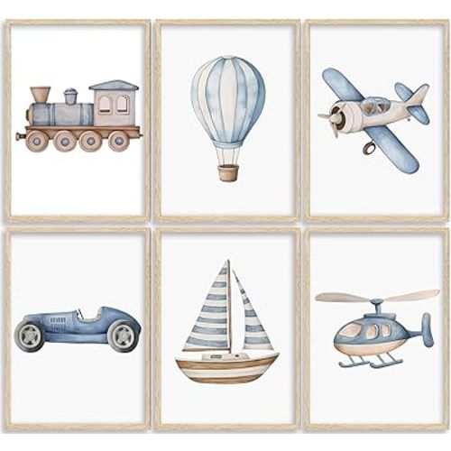 Vintage Baby Boy Nursery Wall Art Blue Transportation Car Airplane Painting Picture Wall Decor Toddler Vehicle Train Boat and Hot Air Balloon Poster Print Artwork for Kids Boys Room Bedroom Decorate