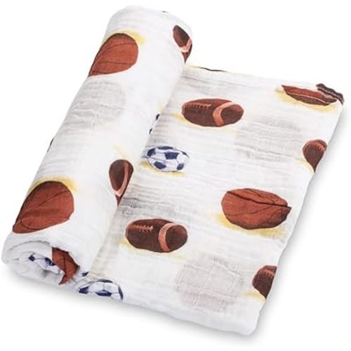 LollyBanks Muslin Swaddle Blanket, 100% Muslin Cotton Soft Baby Blankets for Boys, 47 X 47 Inches Soft and Cozy Baby Wrap Swaddle Breathable Baby Blankets, Baby Essentials, Registry (Sports Print)