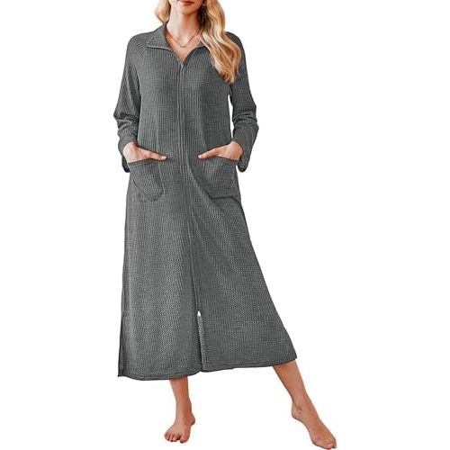 Ekouaer Waffle Robes for Women Long Zipper Bathrobes Lightweight House Coat Soft Sleepwear with Pockets Loungewear S-XXL