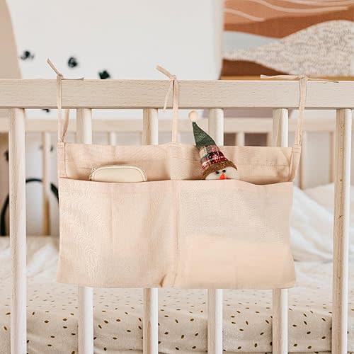 Baby Bedside Hanging Bag, Linen Hanging Diaper Organizer with 2 Wide Pockets Multi-Functional Storage Bag Holder for Crib Baby Toys