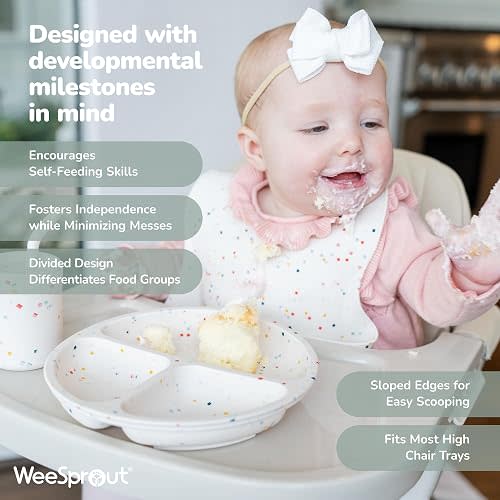 WeeSprout Suction Plates for Babies With Lids & Toddlers - 100% Silicone, Dinnerware Stays Put, Divided Design for Picky Eaters, Microwave & Dishwasher Friendly, 3 Pack