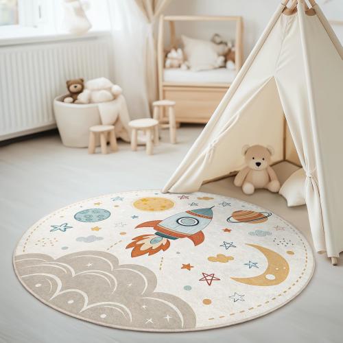 Space Rocket Round Kids Rug - Outer Space Playroom Carpet - Planet and Stars Nursery Mat - Astronaut Themed Washable Circle Rug