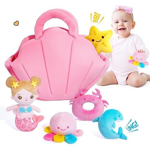 OUOZZZ Soft Baby Doll for Girls 6-12 Month Mermaid Toys - 2 Years Old Sensory Toy - Little Dolls Birthday Gifts Age 1-3 Toddler Plush Stuffed Animal with Squeaker, Crinkle and Bell Ringing Toy Set
