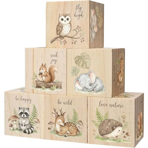 6 Pcs Baby Blocks,Small Animals Woodland Nursery Decor for Girls and Boys, Nursery Watercolor Shelf Decor, Extra-Size Wooden Shelf Decoration Kids Bedroom Playroom Gifts 2.4x2.4 in
