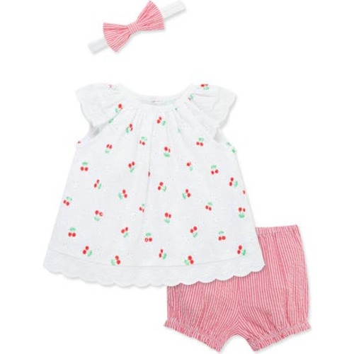 Cherry Eyelet Cotton Top, Shorts & Headband Set, 3M