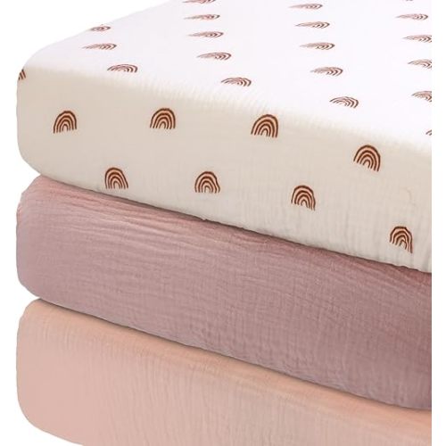 Newwiee 3 Pcs Muslin Crib Sheets 51.2" x 27.6" Mini Crib Sheets for Girls Boys Soft Fitted Baby Crib Sheets Neutral Crib Mattress Sheet Baby Sheets for Crib