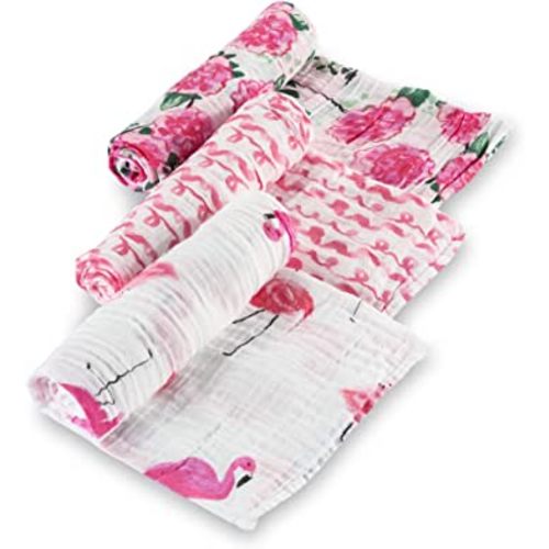 LollyBanks Swaddle Blanket | 100% Muslin Cotton | Newborn and Baby Nursery Essentials for Girls, Registry | Flamingo and Flower 3 Pack