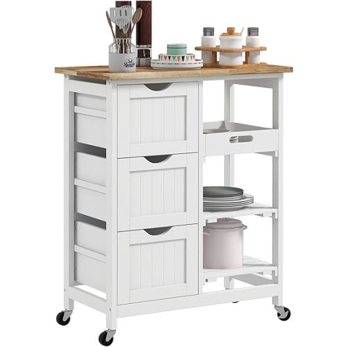 HOMCOM Rolling Kitchen Island Cart, Bar Serving Cart, Compact Trolley on Wheels with Wood Top, Shelves & Drawers for Home Dining Area, White