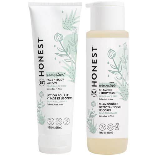 Honest Baby Sensitive Skin Fragrance-Free Care Bundle: Face + Body Lotion 10 fl oz & Shampoo + Body Wash 18 fl oz
