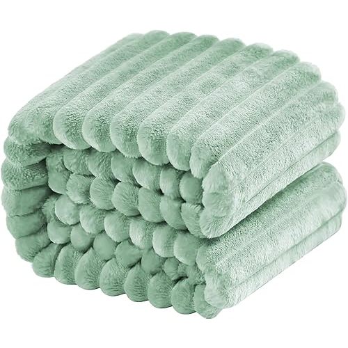 NTBAY Flannel Fuzzy Toddler Blanket, Fluffy Warm and Lightweight Reversible Stripes Design Baby Plush Blanket, 30x40 Inches, Mint
