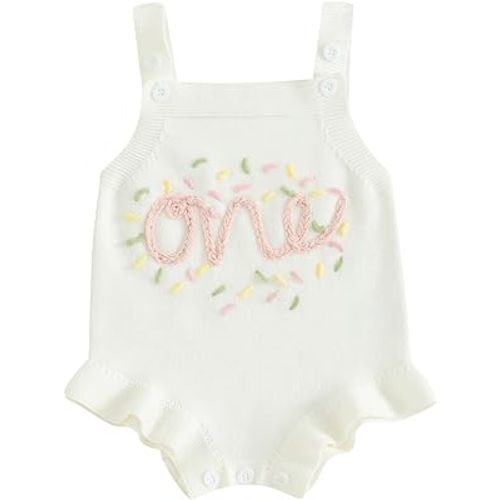Baby Girl Half 1st Birthday Outfit Sleeveless Knit Sweater Onesie Embroidery Romper Infant Cake Smash Outfit
