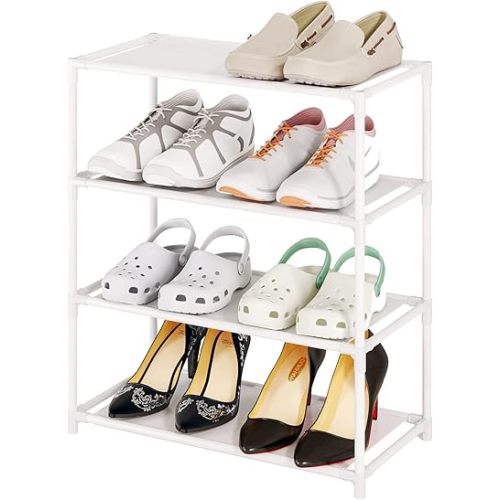 Small Shoe Rack 6-8 Pairs Sturdy Shoe Shelf 4-Tiers Narrow Stackable Shoe Organizer,Lightweight Kids Shoe Racks for Entryway, Doorway and Closet(White)