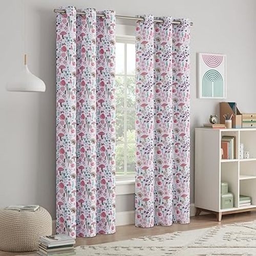 Eclipse Mushroom and Floral Print Kids Curtain with Metal Grommets, 84 in x 37 in, Thermaback 100% Blackout Curtain for Kids Room or Playroom