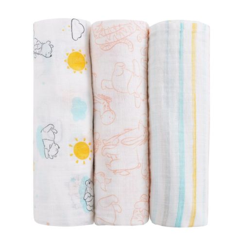 NoJo Disney Winnie the Pooh Yellow, Aqua, and White 3 Piece Muslin Swaddle Baby Blanket Set