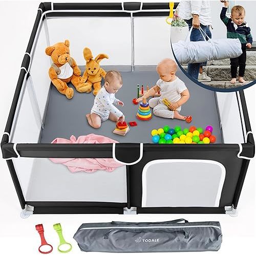 TODALE Baby Playpen for Toddler, Large Baby Playard, Indoor & Outdoor Kids Activity Center with Anti-Slip Base, Sturdy Safety Play Yard with Soft Breathable Mesh, Playpen for Babies(Black,50”×50”)