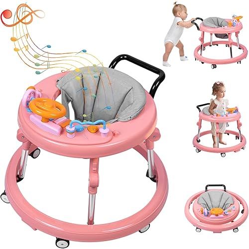 Baby Walker Foldable, Baby Walkers and Activity Center for Boys Girls Babies 6-12 Months with Feeding Tray & Music, and 5 Adjustable Heights, Baby Walker with Wheels