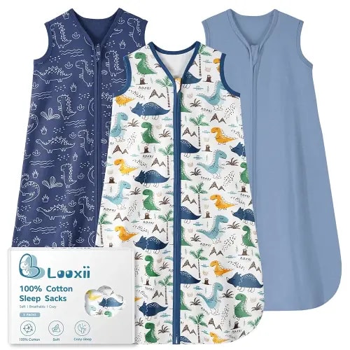 Looxii Baby Sleep Sack 0.5 TOG, 100% Cotton 3 Pack Wearable Blanket Baby Sleep Bag for Newborn Infant, 2-Way Zipper Lightweight Toddler Sleeping Sack 6-12 Months