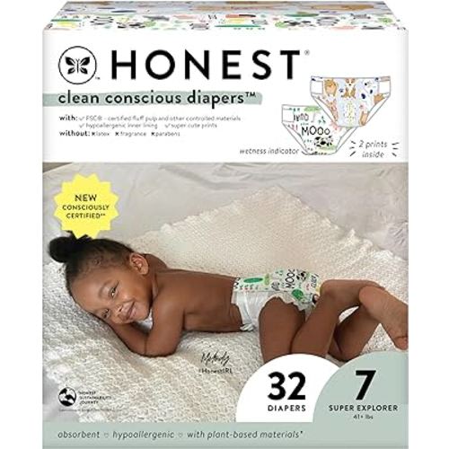 The Honest Company Clean Conscious Diapers | Plant-Based, Sustainable | Barnyard Babies + It’s A Pawty | Club Box, Size 7 (41+ lbs), 32 Count