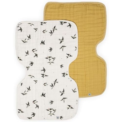 Little Unicorn 100% Certified Natural Organic Cotton Burp Cloth 2 Pack | Ultra-Absorbent & Soft Muslin Fabric | Larger Size & Ergonomic Design (Swallows + Wheat)