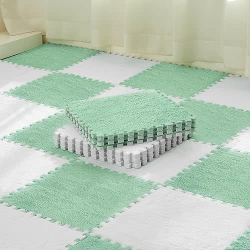 Amylove 36 Pcs Plush Foam Floor Mat Square Interlocking Carpet Tiles with Border Fluffy Play Mat Floor Tiles Soft Climbing Area Rugs for Home Playroom, 12 x 12 x 0.4 Inch(White, Mint Green)
