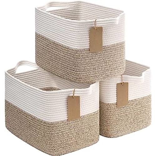 Goodpick Woven Baskets for Storage, Empty Gift Baskets with Handles, Cube Organizer Bins, Small Laundry Baskets for Shelves, Dog Toy Baskets, 13.5 x 11 x 9.5 Inches, 3 Pack