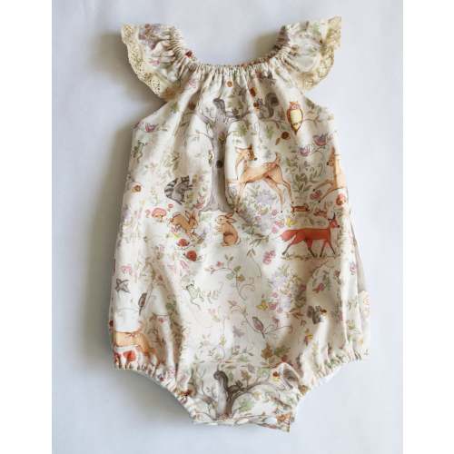 woodland animal baby girl bubble romper- a sweet baby shower gift or coming home outfit, features foxes, deer, birds and squirrels