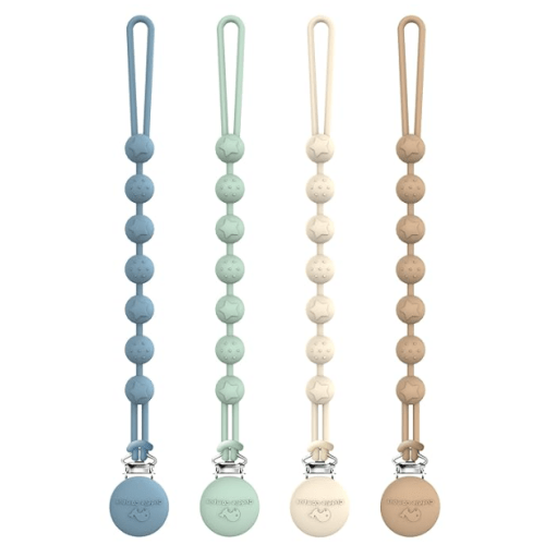 Cuddle Campus Silicone Pacifier Clip Holder with One Piece Design, Pack of 4 Soft Flexible Binky Clips with Texture for Baby Boy and Girl Set 1(6M+)