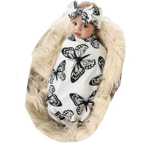 Galabloomer Receiving Blanket Headband Set Flower Print Baby Swaddle Receiving Blankets