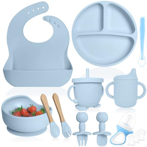 Bluet B- Silicone Baby Feeding Set with Pacifier - Baby Led Weaning Supplies - Baby Spoons, Suction Bowl - Plate - Baby Utensils Set - Silicone Feeding Set for Baby First Foods - 11pcs - Blue