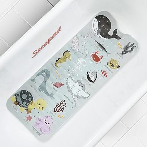 Baby Bath Mat, Cartoon Kids Bathtub Mat Non Slip for Toddler Bath Shower Anti Slip, 40In X 16In with Drain Holes and Suction Cups Machine Washable, Greige Sea Animals