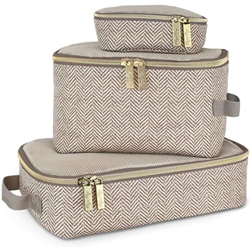 Itzy Ritzy Packing Cubes for Travel – Set of 3 Packing Cubes or Travel Organizers; Each Travel Cube Features a Mesh Top, Double Zippers and a Fabric Handle (Taupe)