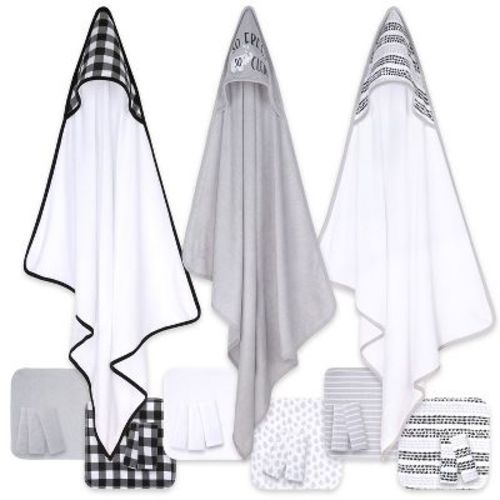 The Peanutshell Baby Hooded Towels And Washcloths Bath Set, 23-piece, So Fresh, Black/white/gray/plaid